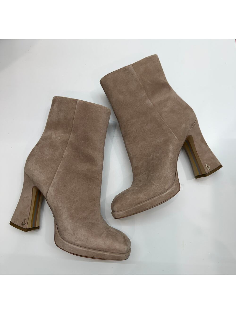 $180 Sam Edelman Taupe Heeled Platform Jaye Boots 8.5 in Cashmere Suede Color